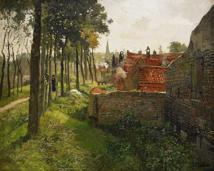 trees, home, brick, path, impressionism, Frits Thaulov, Northern European painting, HD wallpaper