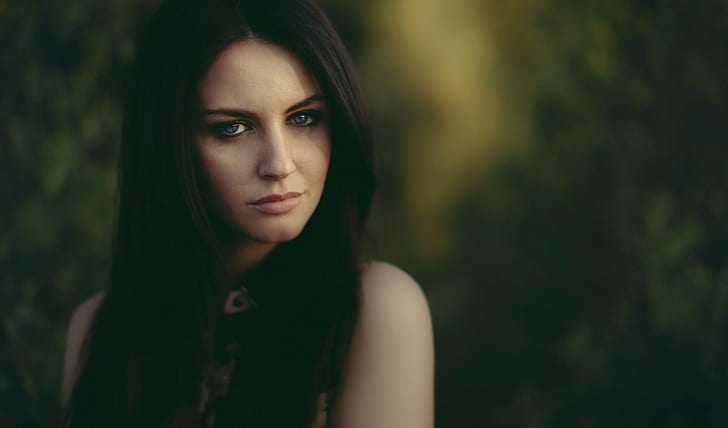 Aurela Skandaj, face, brunette, model, David Olkarny, blue eyes, HD wallpaper