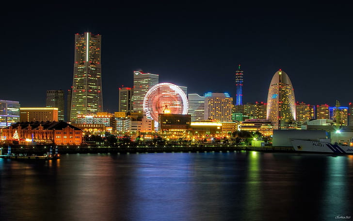 Amazing City Waterfront, lights, ship, ferris wheel, night, nature and landscapes