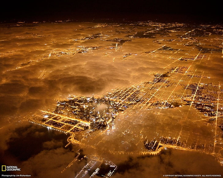 National Geographic digital wallpaper, night, stars, city, cityscape