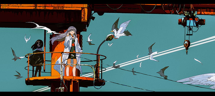焦茶, seagulls, smoking, anime girls, day, nature, occupation