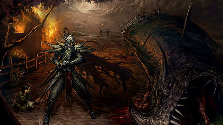 Warrior killing the dragon, knight slaying dragon illustration