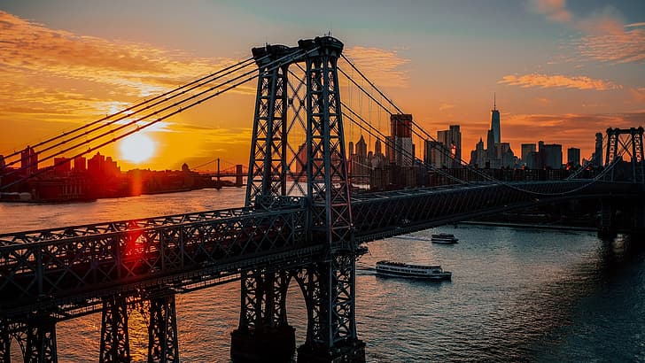 city, USA, twilight, river, bridge, sunset, New York, Manhattan