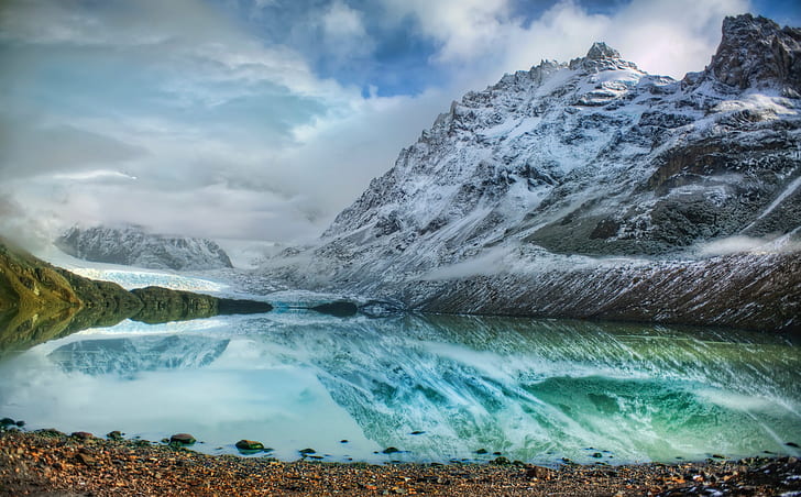 landscape reflection photography of snowy mountain and river, HD wallpaper