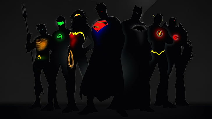 glow, Wonder Woman, Batman, Green Lantern, Superman, superheroes, HD wallpaper