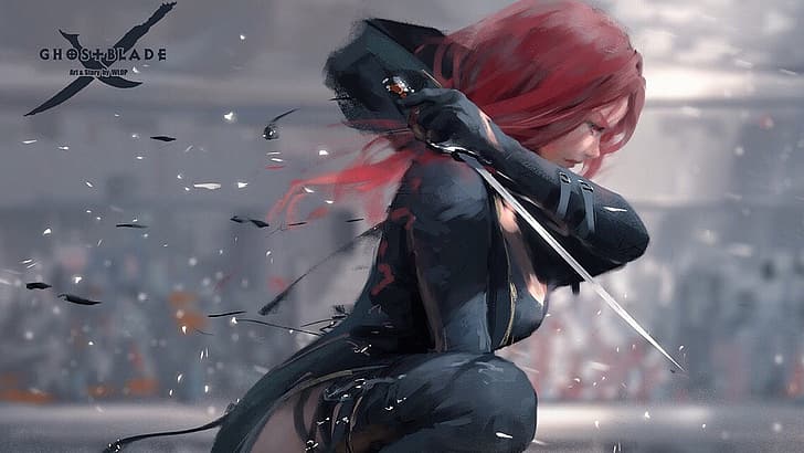 artwork, WLOP, long hair, redhead, Ghostblade, sword, fantasy girl, HD wallpaper