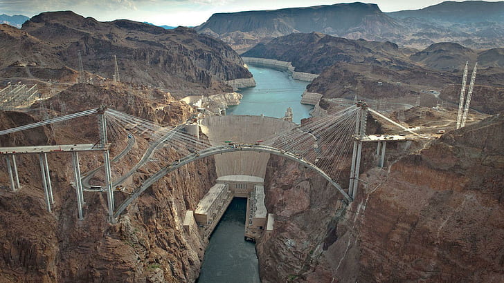 Bypass-hoover, grey concrete dam between rocks, picture, hoover dam