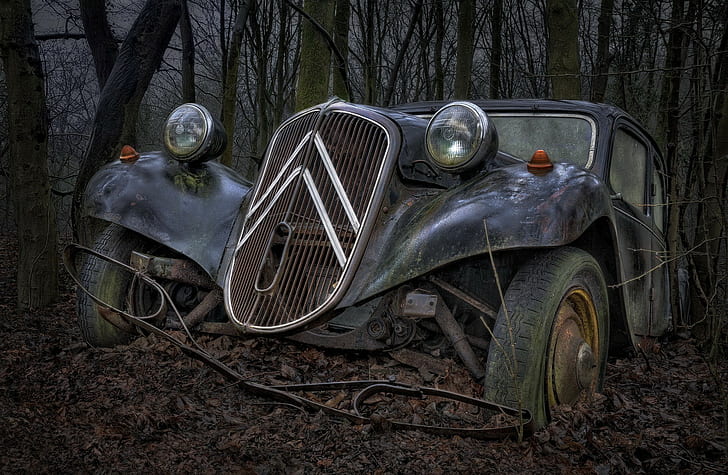 vehicle, car, wreck, French Cars, Citroën, traction avant