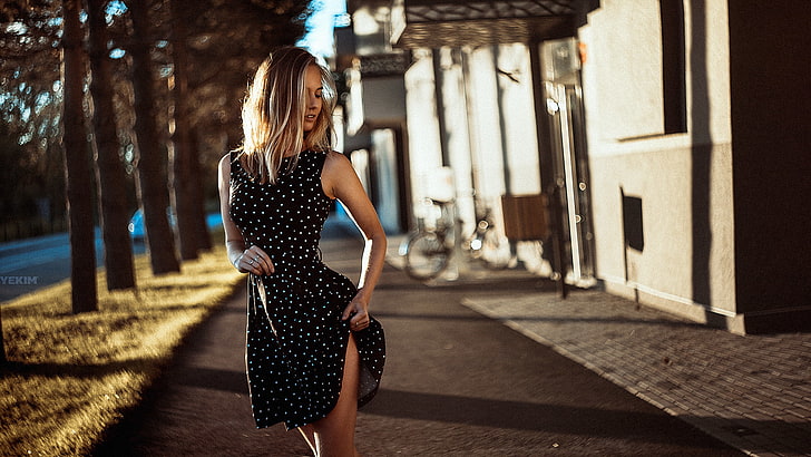 women, Mikhail Yekim, blonde, black dress, polka dots, lifting skirt, HD wallpaper