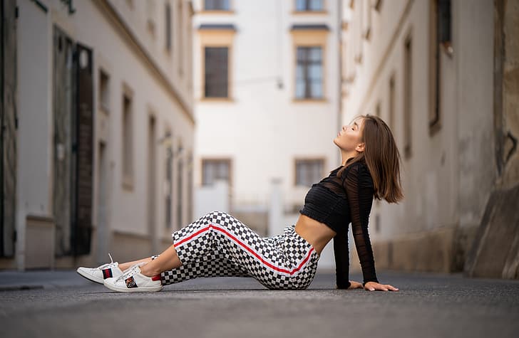 girl, pose, pants, closed eyes, Martin Ecker, HD wallpaper
