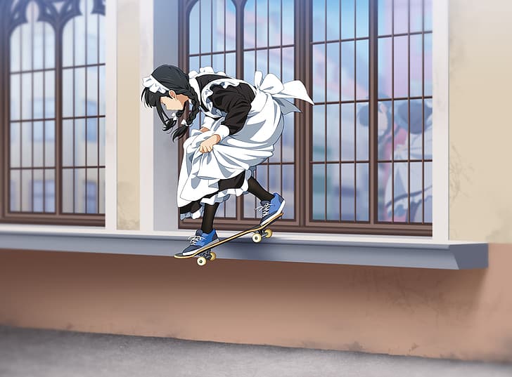 HD wallpaper: anime, anime girls, maid outfit, skateboard, black hair, long  hair | Wallpaper Flare