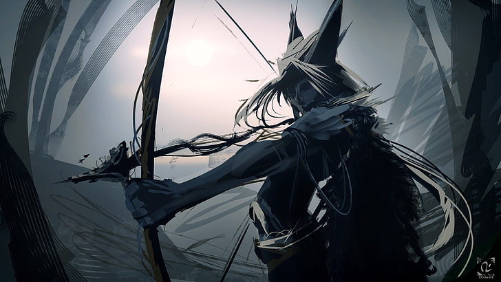 gray-haired female character holding bow, fantasy art, bow and arrow