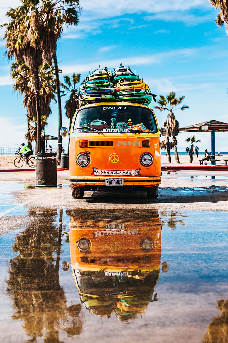 orange Volkswagen combi, bus, surfing, summer, car, street, land Vehicle, HD wallpaper