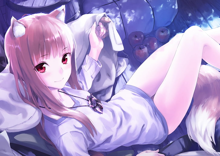 Holo, Spice and Wolf, anime girls, animal ears, eyes, smiling, HD wallpaper