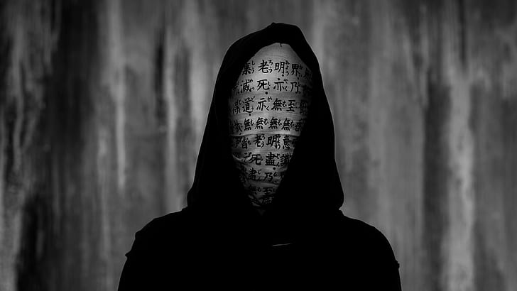 Anonymous, mask, hoods, monochrome, hieroglyphs, black, minimalism, HD wallpaper