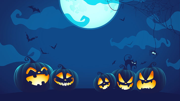 halloween, cartoon, nigh, darkness, blue, bats, pumpkin, pumpkins, HD wallpaper