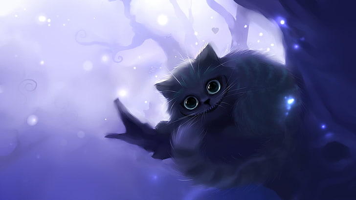 Cheshire cat illustration, tree, branch, lights, apofiss, animal