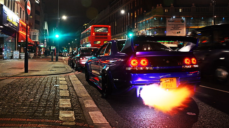 blue sports coupe, fire, Nissan, GT-R, cars, Skyline, London