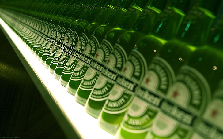 green labeled bottle lot, beer, bottles, Heineken, close-up, no people