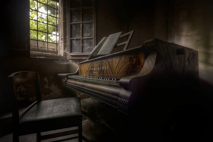 dark, piano, room, window, musical instrument, musical equipment, HD wallpaper