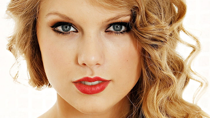 Taylor Swift, celebrity, blonde, singer, face, red lipstick