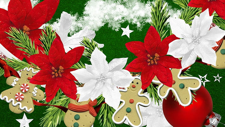 Gingerbread Cookies Poinsettias, stars, snowflakes, christmas, HD wallpaper
