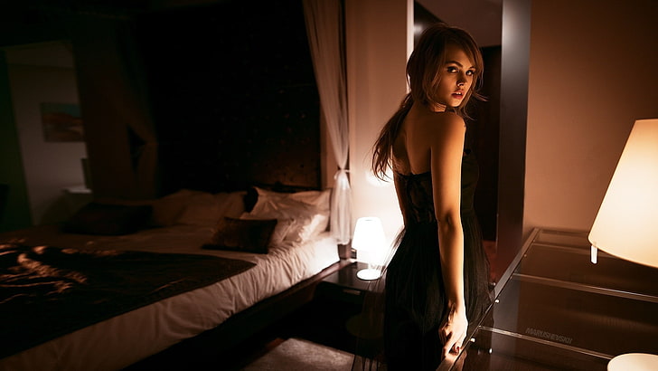 women's black strapless dress, Anastasia Scheglova, model, portrait, HD wallpaper