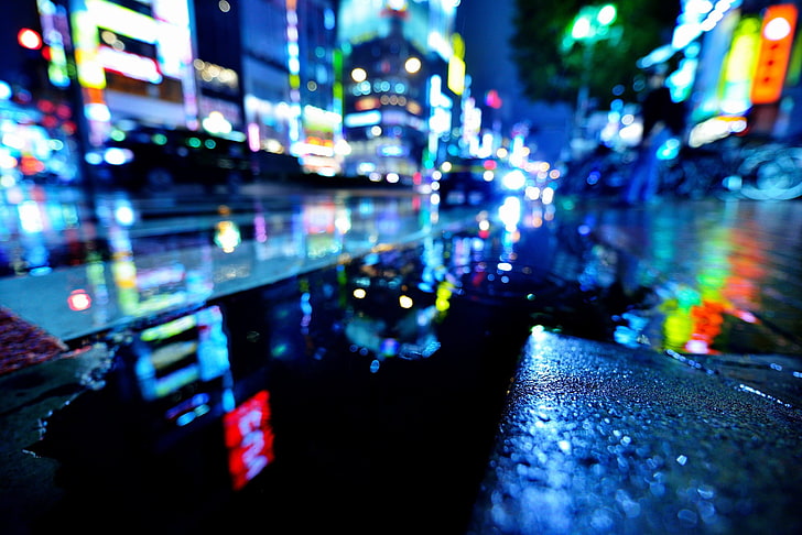 wet, water, night, the city, lights, rain, street, Japan, Tokyo, HD wallpaper
