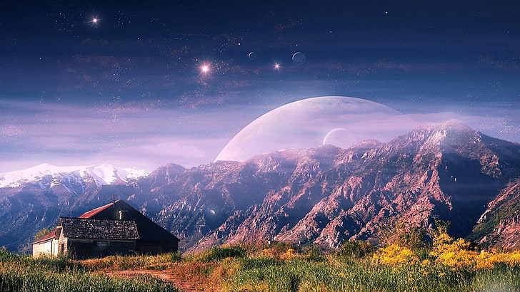 sky, house, planet, fantasy art, mountain range, outer space