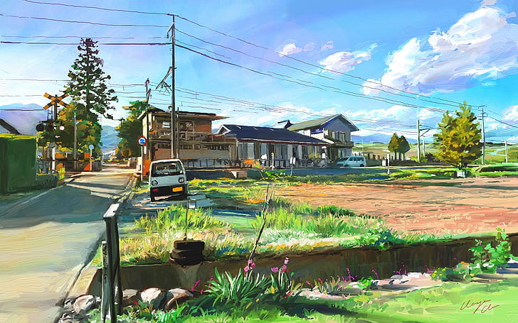 Art painting, Japan, landscape, village, white kei van