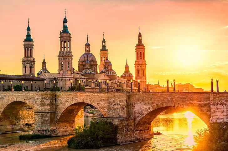 the sun, bridge, river, Cathedral, Spain, Zaragoza, HD wallpaper