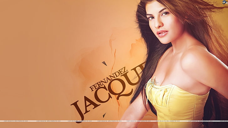 Jacqueline Fernandez, actress, brunette, yellow dress, sleeveless, HD wallpaper