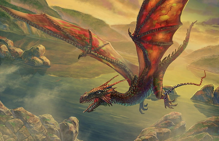 flying dragon illustration, chain, rock, nature, animal, river, HD wallpaper