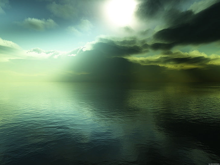 water, sea, green, peace, relaxing, clouds, sunlight, reflection, HD wallpaper