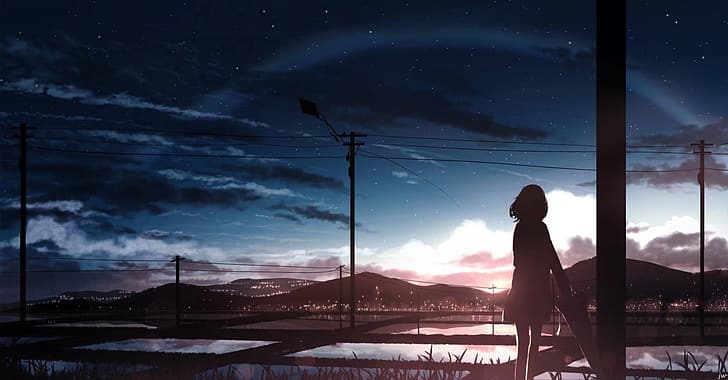 Anime girl, horizon, landscape, clouds, sunset, Anime, HD wallpaper