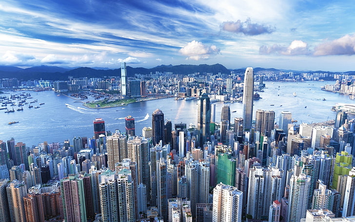 white city buildings, urban, cityscape, Hong Kong, skyscraper