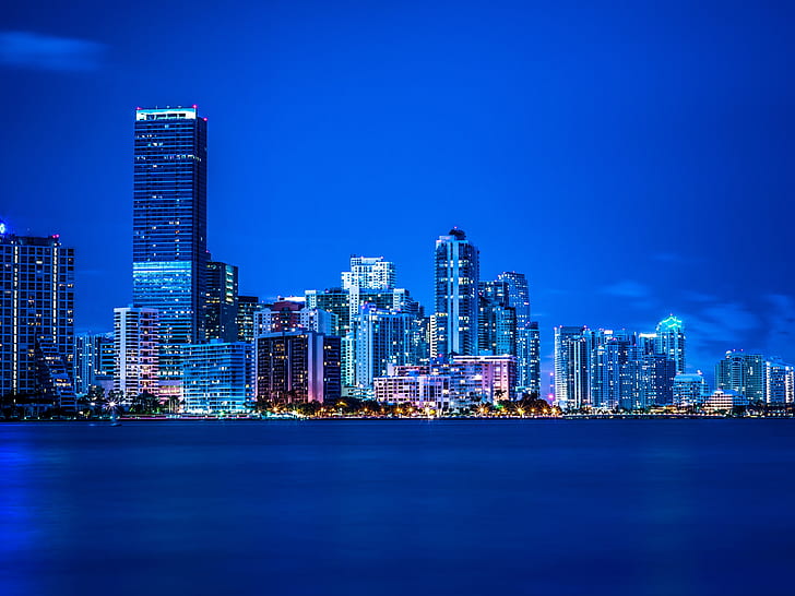 Miami, Florida, night, lights, city, buildings, blue