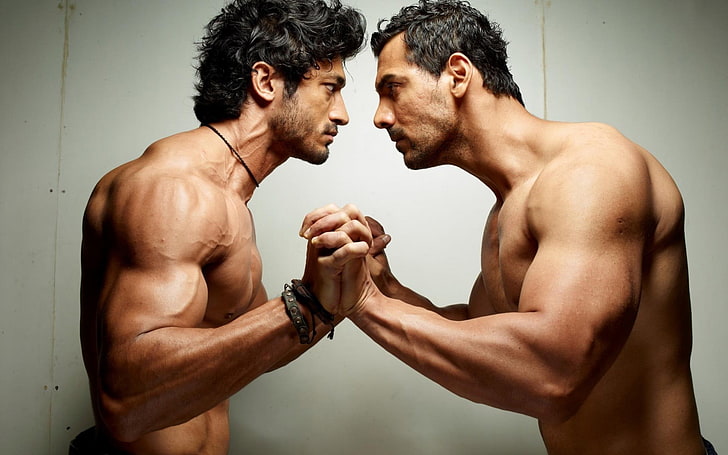 two topless men photo, muscular, force movie, shirtless, muscular build