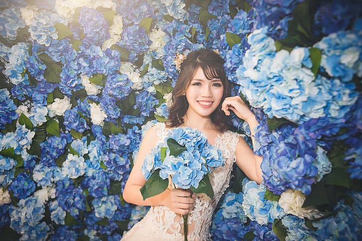 HD wallpaper: Asian, women, model, flowers, plants, smiling, looking at ...