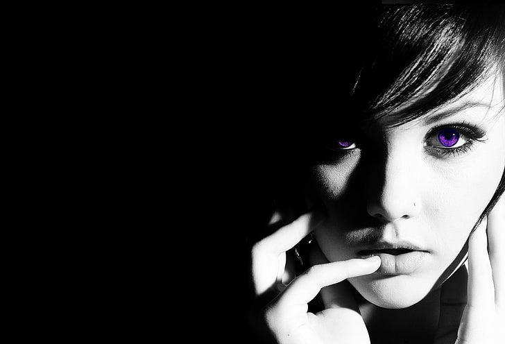 selective coloring, purple eyes, monochrome, women, face, Melissa Clarke, HD wallpaper