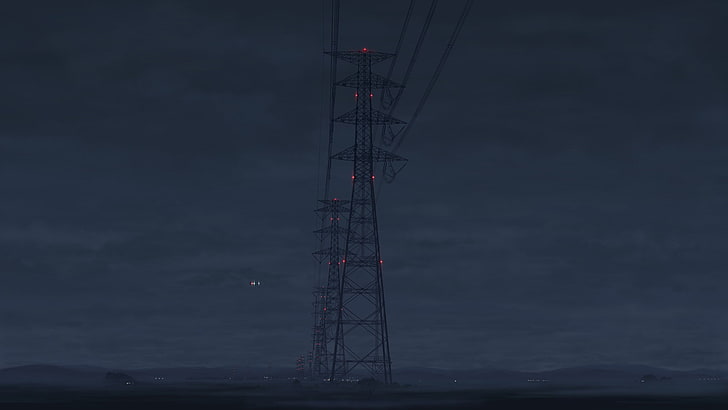 power lines, night, utility pole, anime, HD wallpaper