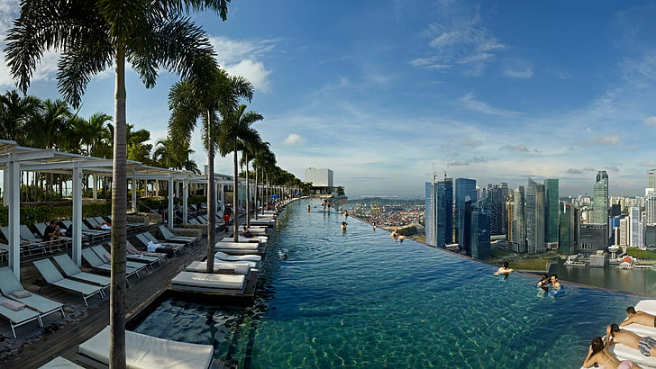 white wooden lounge chairs, Marina Bay Sands, infinity pool, hotel, HD wallpaper