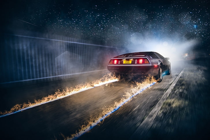 gray DMC DeLorean, Back to the Future, fire, race cars, road
