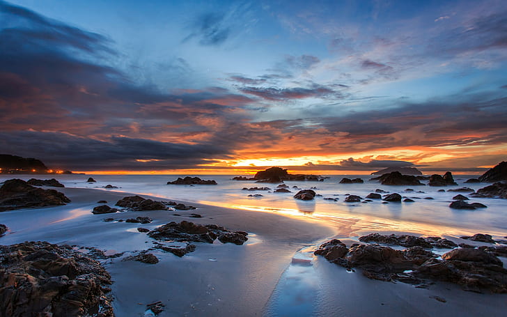 Australia, coast, rocks, sand, ocean, evening sunset, clouds