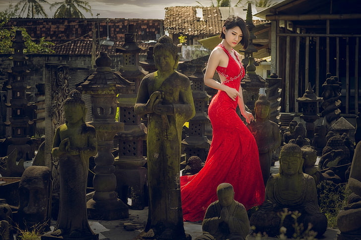 women, model, Asian, red dress, Buddha, architecture, built structure