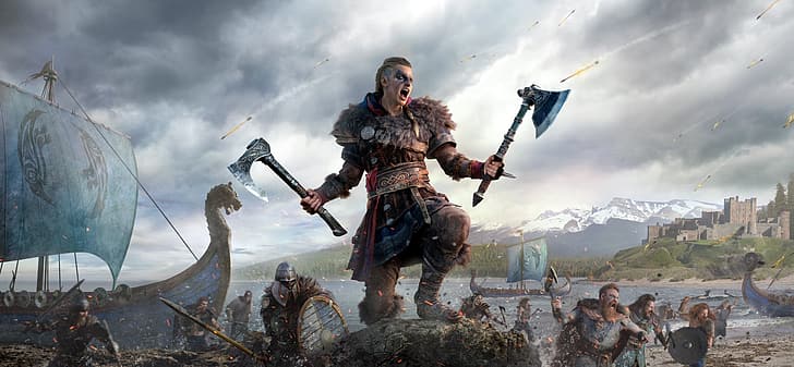 videogame, RPG, Assassin's Creed Valhalla, Eivor, Vikings, ship, HD wallpaper
