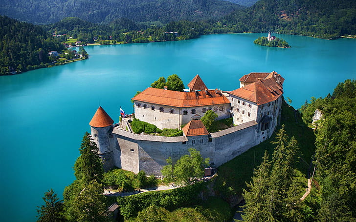 lake, Lake Bled, Slovenia, nature, church, castle, ancient, HD wallpaper