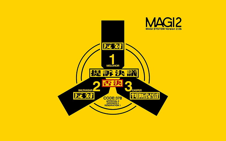 yellow and black Magi 2 logo, Neon Genesis Evangelion, text, communication