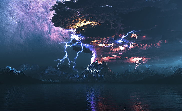 Volcano Eruption Lightning, thunder wallpaper, Artistic, 3D, nature, HD wallpaper