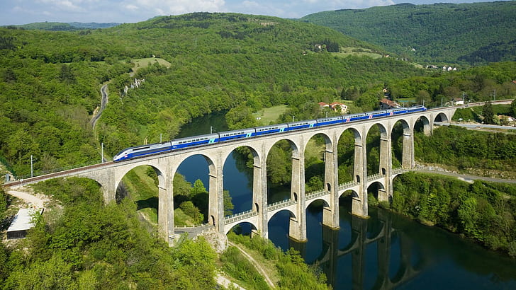 Super Train On Ancient Bridge In France, trees, hills, river